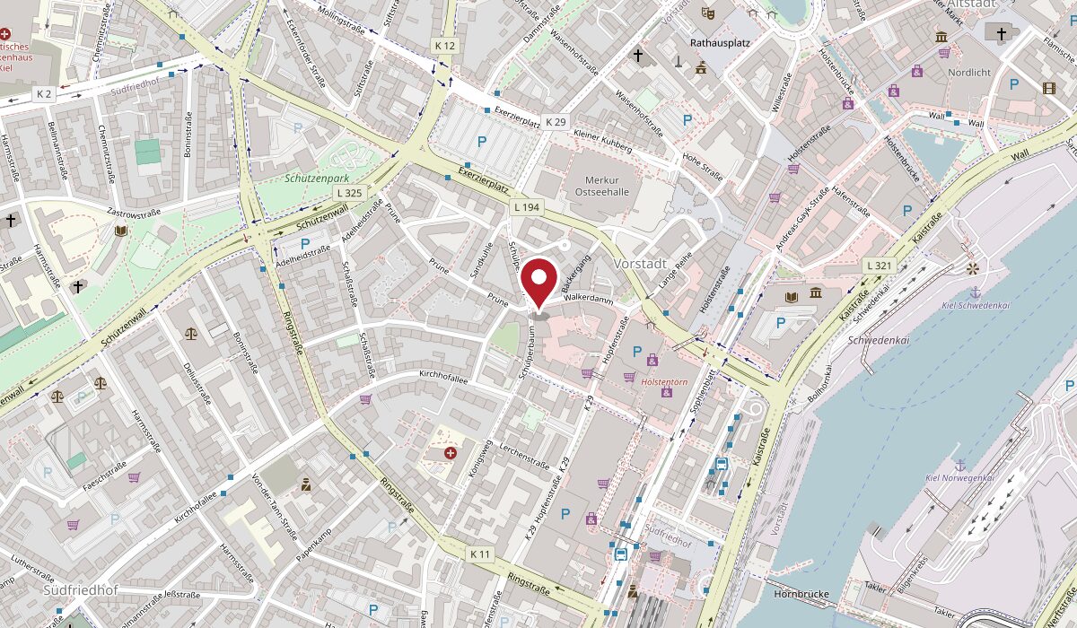Stadtplan der Kieler Innenstadt; Markierung am Walkerdamm 17, nahe Hauptbahnhof